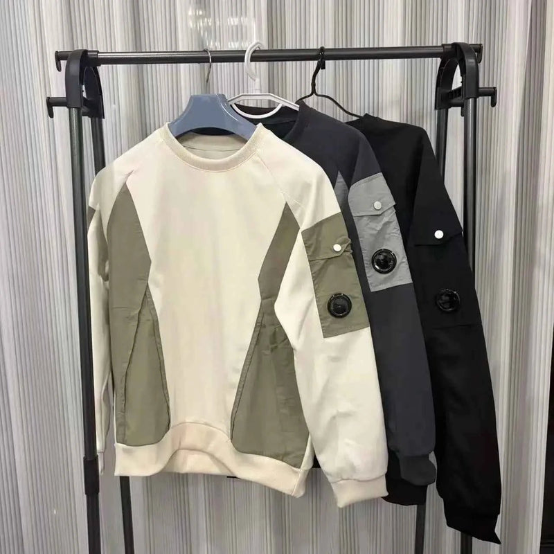 Round neck long sleeved top, thin slim fit hoodie, 2026 new spring men's top, spliced multi pocket hoodie,casual hoodie, pocket