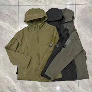 Hooded soft shell leather jacket, outdoor sports windproof and waterproof jacket, warm and plush thick jacket, cycling jacket